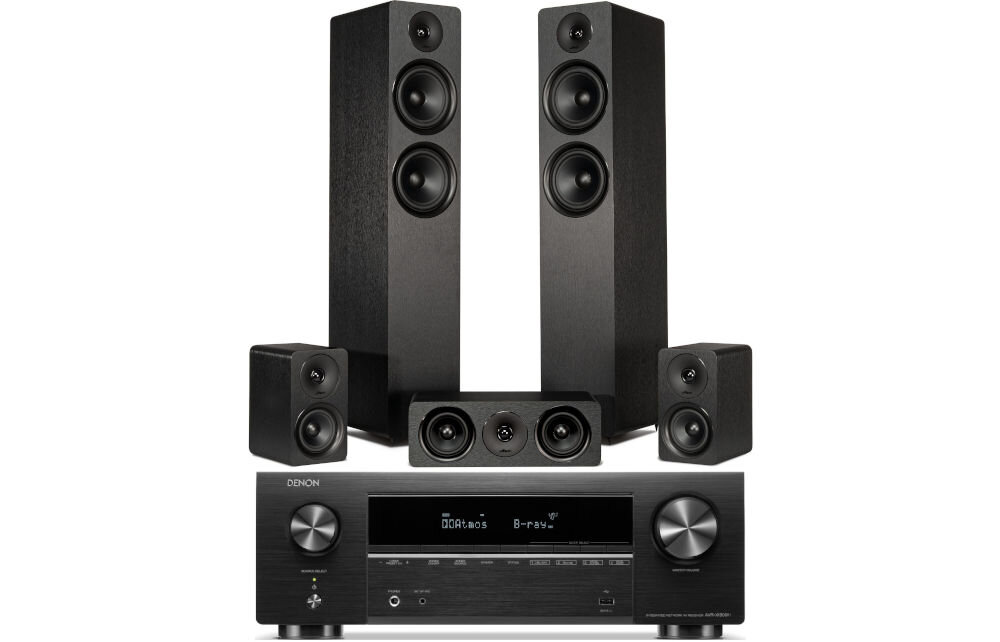 Kino domowe DENON AVR-X1800H + WILSON Scenix 5.0 zestaw 7.2 dźwięk przestrzenny amplituner i kolumny, kino domowe od frontu na białym tle