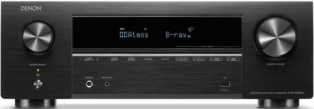 Kino domowe DENON AVR-X1800H + WILSON Scenix 5.0 amplituner 7.2 kanały 1015 W, amplituner od frontu na białym tle
