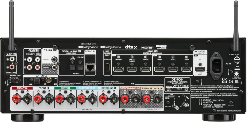 Kino domowe DENON AVR-X1800H + WILSON Scenix 5.0 VRR ALLM granie na konsoli, amplituner od tyłu na białym tle