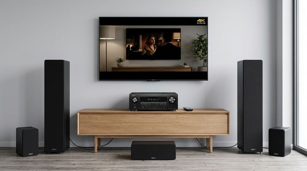 Zestaw Kina Domowego DENON AVR-S670H + WILSON Scenix 5.0, amplituner i kolumny do kina domowego, zestaw w pomieszczeniu