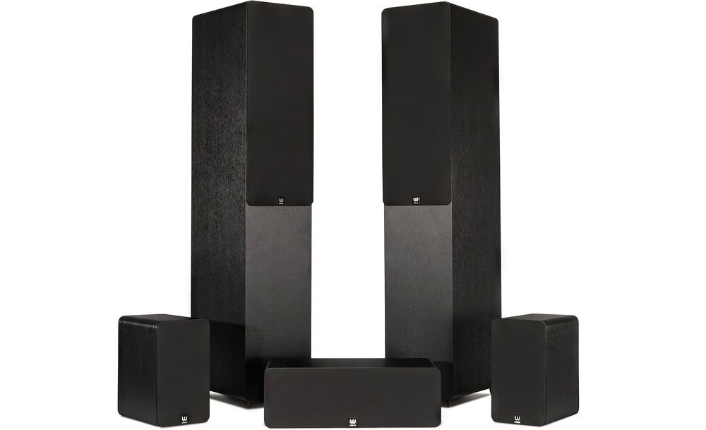 Zestaw Kina Domowego DENON AVR-S670H + WILSON Scenix 5.0, pięć pasywnych kolumn Bass-Reflex, czarne wykończenie, kolumny na białym tle