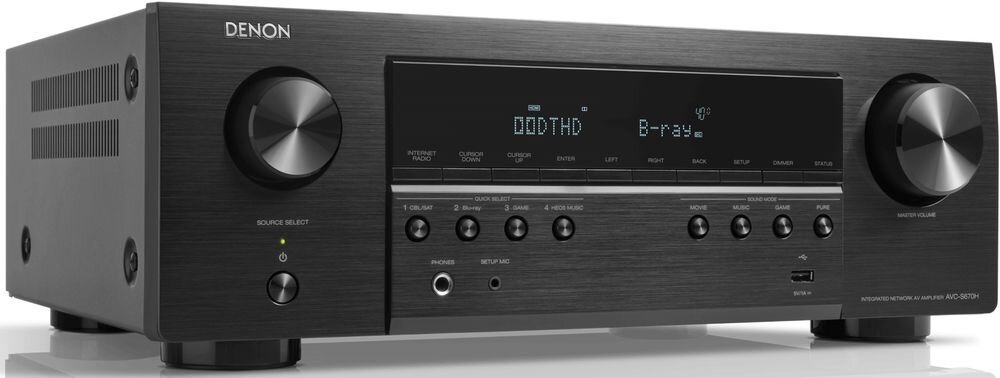 DENON AVC-S670H + WILSON Scenix 5.0, Wi-Fi, Bluetooth, AirPlay 2, bezprzewodowe przesyłanie muzyki i aplikacja Denon Remote App, amplituner na białym tle