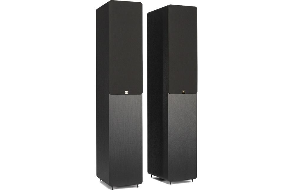 WILSON Scenix z amplitunerem DENON AVC-S670H, pasmo przenoszenia 40 Hz–20 kHz, skuteczność 90 dB, impedancja 4–8 Ω i zalecana moc wzmacniacza do 150 W, kolumny na białym tle