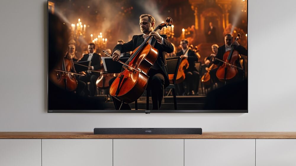 Soundbar SHARP HT-SBW320 moc 360W, neodymowe magnesy, czyste brzmienie, soundbar stojący na szafce pod zawieszonym telewizorem