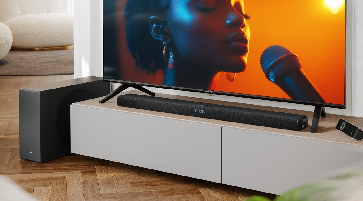 Soundbar SHARP HT-SBW320 subwoofer bezprzewodowy, głęboki bas, realizm, soundbar sotjący na szafce pod telewizorem, subwoofer stojący na podłodze