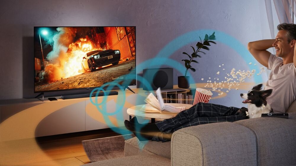 Soundbar SHARP HT-SBW320 subwoofer bezprzewodowy, głęboki bas, realizm, soundbar sotjący na szafce pod telewizorem, subwoofer stojący na podłodze