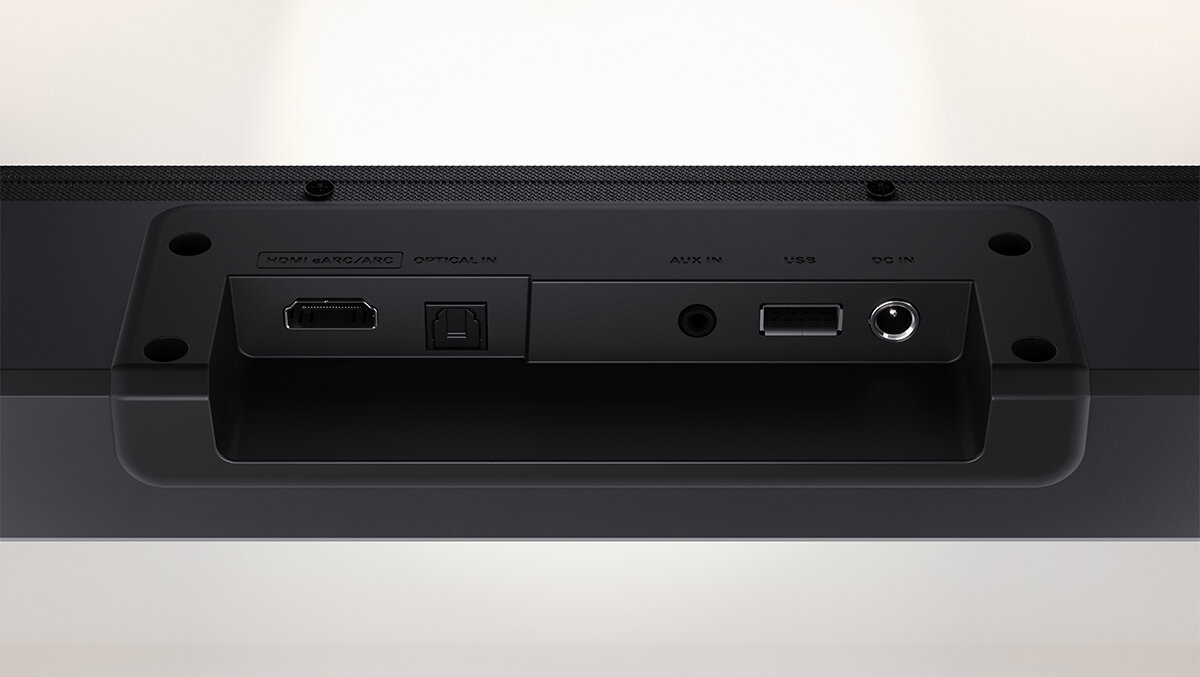 Soundbar SHARP HT-SBW320 USB MP3 WAV FLAC, wejścia optyczne i analogowe, swoboda podłączeń, kadr soudbara - złącza