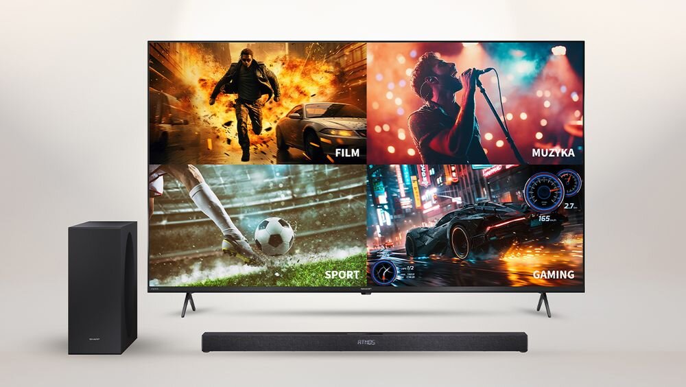 Soundbar SHARP HT-SBW320 korektor, tryby GŁOS FILM SPORT GRA MUZYKA NOC, dopasowanie dźwięku, telewizor, soudbar oraz subwoofer od frontu na szarym tle