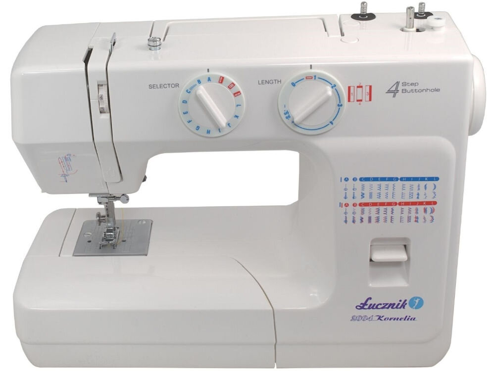 Maszyna do szycia ŁUCZNIK Kornelia II 2004 wymiary waga 6,3 kg kompaktowa poręczna 70 W zasilanie 220-240 V chwytacz wahadłowy system Matic wygoda efektywność regulacja naprężenia nici szycie podwójną igłą