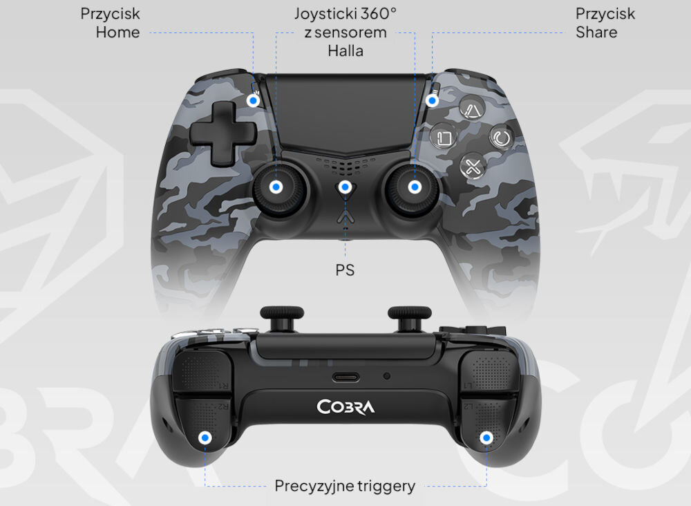 Kontroler COBRA QSP573CBK Camo czarny prezentacja pada od przodu i od strony portu USB-C na szarym tle bezprzewodowy kontroler ergonomiczny kształt dokładne sterowanie czułe przyciski