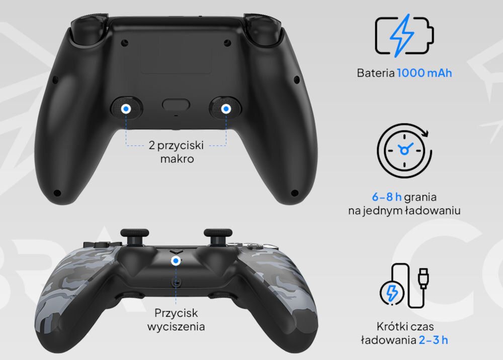 Kontroler COBRA QSP573CBK Camo czarny prezentacja pada od tyłu i dołu połączenie bezprzewodowe przez Bluetooth 5.3 współpraca z konsolą PS5 PC oraz wybranymi urządzeniami z Androidem bateria litowo-jonowa do 8 godzin na jednym ładowaniu krótki czas ładowania 2-metrowy kabel USB-C/USB-A graj i ładuj jednocześnie swoboda wygoda