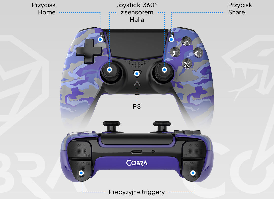 Kontroler COBRA QSP574CPRP Camo fioletowy prezentacja pada od przodu i od strony portu USB-C na szarym tle bezprzewodowy kontroler ergonomiczny kształt dokładne sterowanie czułe przyciski