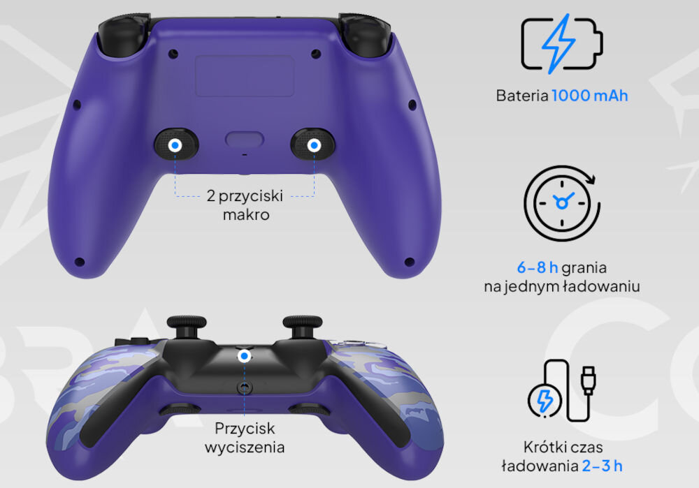 Kontroler COBRA QSP574CPRP Camo fioletowy prezentacja pada od tyłu i dołu połączenie bezprzewodowe przez Bluetooth 5.3 współpraca z konsolą PS5 PC oraz wybranymi urządzeniami z Androidem bateria litowo-jonowa do 8 godzin na jednym ładowaniu krótki czas ładowania 2-metrowy kabel USB-C/USB-A graj i ładuj jednocześnie swoboda wygoda
