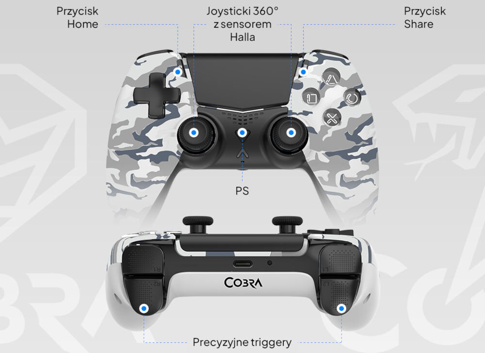 Kontroler COBRA QSP571CGY Camo szary prezentacja pada od przodu i od strony portu USB-C na szarym tle bezprzewodowy kontroler ergonomiczny kształt dokładne sterowanie czułe przyciski