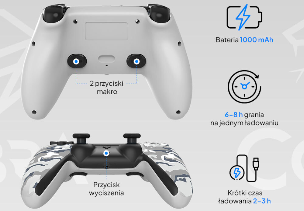 Kontroler COBRA QSP571CGY Camo szary prezentacja pada od tyłu i dołu połączenie bezprzewodowe przez Bluetooth 5.3 współpraca z konsolą PS5 PC oraz wybranymi urządzeniami z Androidem bateria litowo-jonowa do 8 godzin na jednym ładowaniu krótki czas ładowania 2-metrowy kabel USB-C/USB-A graj i ładuj jednocześnie swoboda wygoda