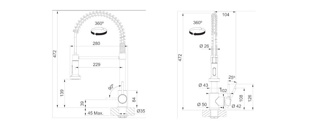 BATERIA KUCHENNA FRANKE  POLA SEMI PRO zdjęcie techniczne wymiary Wysokość korpusu wylewki Zasięg kolor chrom wykonanie mosiądz