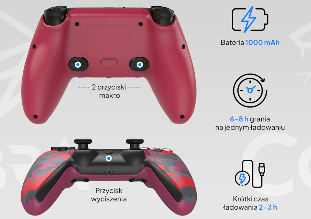 Kontroler COBRA QSP575CRD Camo czerwony prezentacja pada od tyłu i dołu połączenie bezprzewodowe przez Bluetooth 5.3 współpraca z konsolą PS5 PC oraz wybranymi urządzeniami z Androidem bateria litowo-jonowa do 8 godzin na jednym ładowaniu krótki czas ładowania 2-metrowy kabel USB-C/USB-A graj i ładuj jednocześnie swoboda wygoda