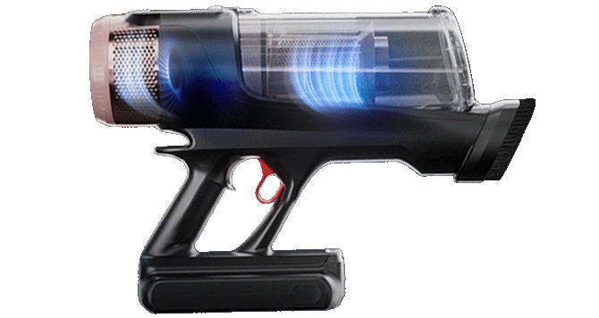 Zbliżenie na odkurzacz X-Force Flex 16.60 AeroSpin Aqua TY9CD9 w ręcznej formie z wiązką symbolizującą przepływ powietrza.