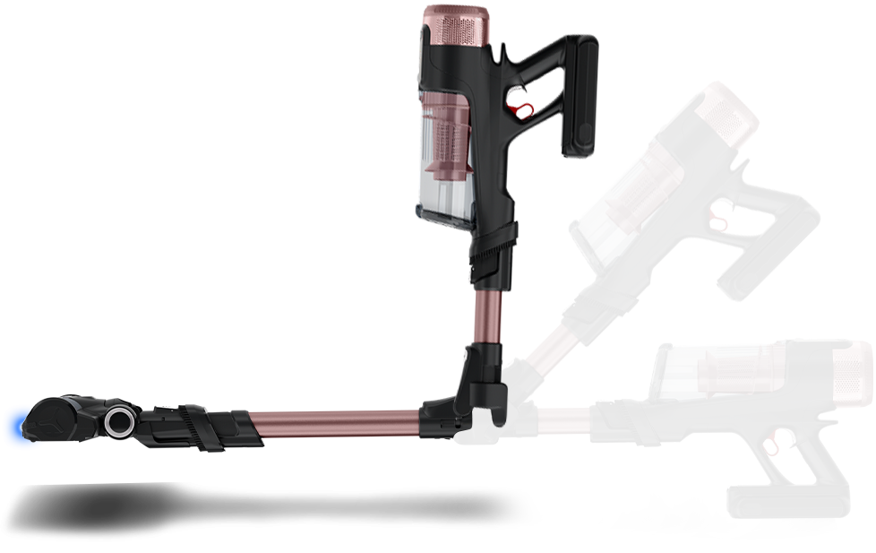 Odkurzacz pionowy z przezroczystym pojemnikiem na kurz i czarną rączką, z funkcją aktywnego mopowania. Widoczne są trzy pozycje odkurzacza, z czego dwie są półprzezroczyste, co sugeruje możliwość regulacji kąta nachylenia.