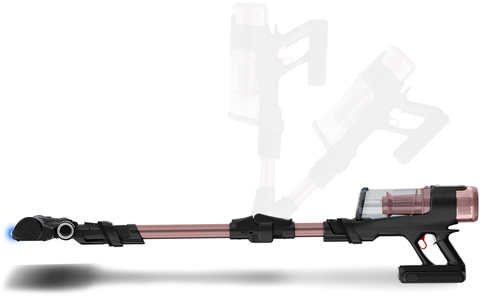 Odkurzacz pionowy z przezroczystym pojemnikiem na kurz i różową rurą, z funkcją elastycznego zginania. Na końcu rury znajduje się niebieska szczotka.