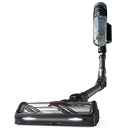 Odkurzacz pionowy z przezroczystym pojemnikiem na kurz i elastyczną rurą. Na głowicy odkurzacza widoczne są diody LED.