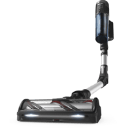 Odkurzacz pionowy z elastyczną rurą i przezroczystym pojemnikiem na kurz. Na szczotce znajdują się diody LED.