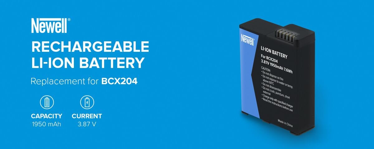 Akumulator NEWELL zamiennik BCX204 do DJI Osmo Action 3/4/5 Pro, Grafika z akumulatorem Newell BCX204 na niebieskim tle z napisem informującym o pojemności 1950 mAh i napięciu 3,87 V, BCX204, 7,6Wh, kompatybilny, 40 miesięcy
