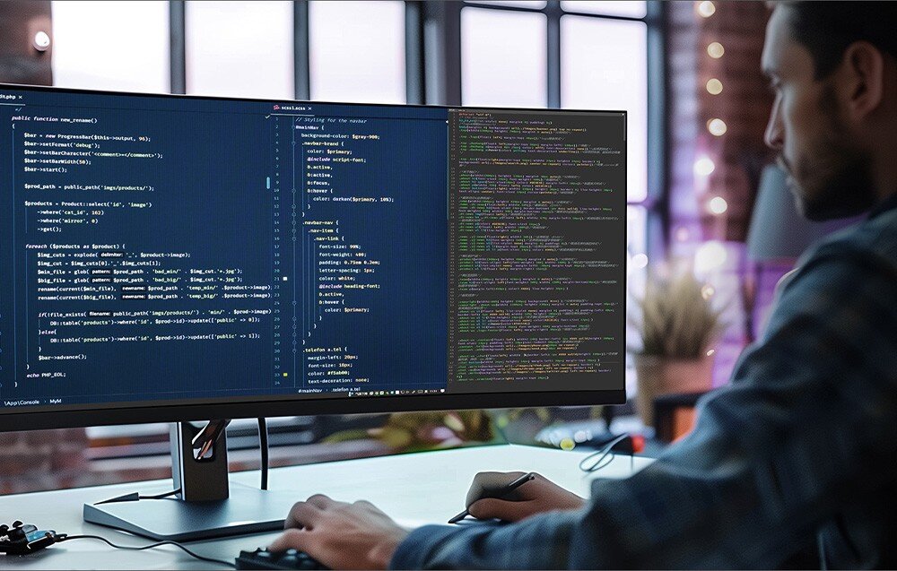 Komputer MINISFORUM MS-A2 Mężczyzna pracujący przy dużym monitorze z wyświetlonym kodem programistycznym w jasnym biurze.