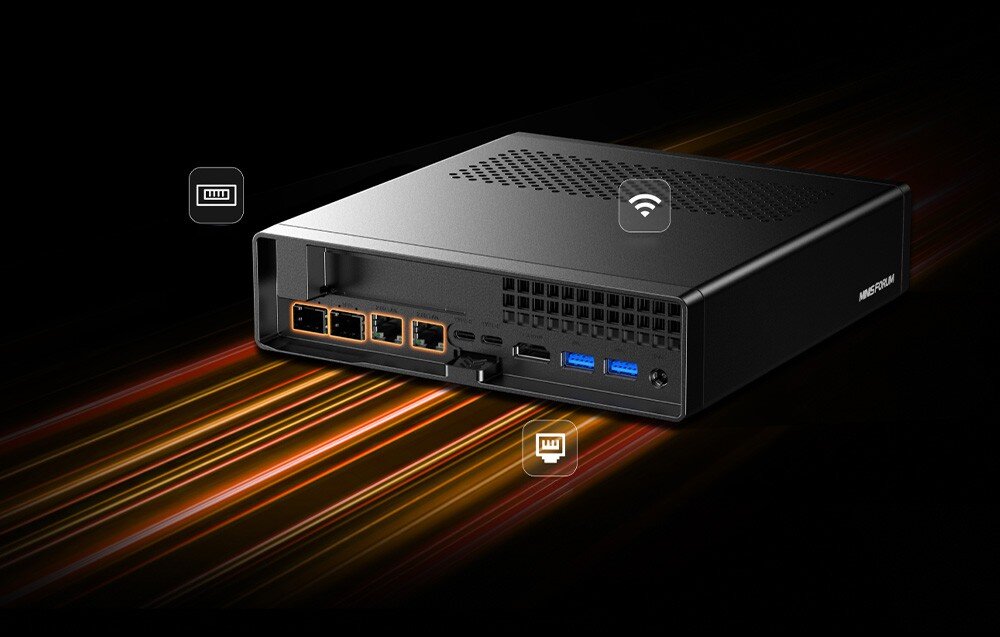 Komputer MINISFORUM MS-A2 Czarny Mini PC z widocznym panelem tylnym i ikonami łączności bezprzewodowej na dynamicznym tle.