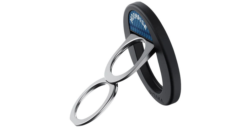 Uchwyt i podstawka PITAKA MagEZ Grip 3 MagSafe Czarno-niebieski prezentacja uchwytu na białym tle z rozłożoną podstawką Uchwyt MagSafe pełniący funkcję podstawki – orientacja pionowa i pozioma stabilna konstrukcja ergonomiczny chwyt capture button