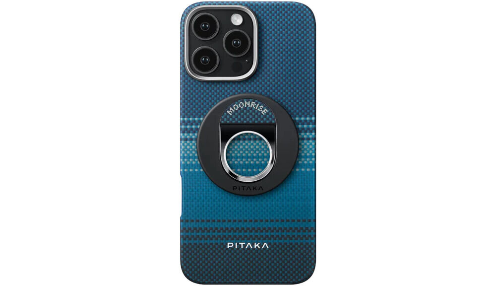 Uchwyt i podstawka PITAKA MagEZ Grip 3 MagSafe Czarno-niebieski prezentacja uchwytu przyczepionego do telefonu na białym tle Silny magnes 1.2kg i ochrona aparatu przy położeniu na biurku