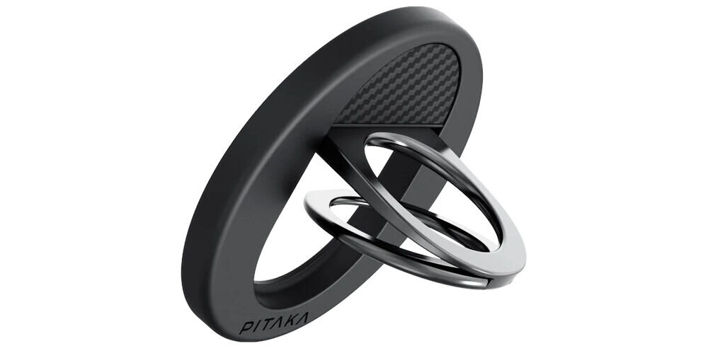 Uchwyt i podstawka PITAKA MagEZ Grip 3 MagSafe Czarno-szary prezentacja uchwytu na białym tle z rozłożoną podstawką Silny magnes 1.2kg i ochrona aparatu przy położeniu na biurku