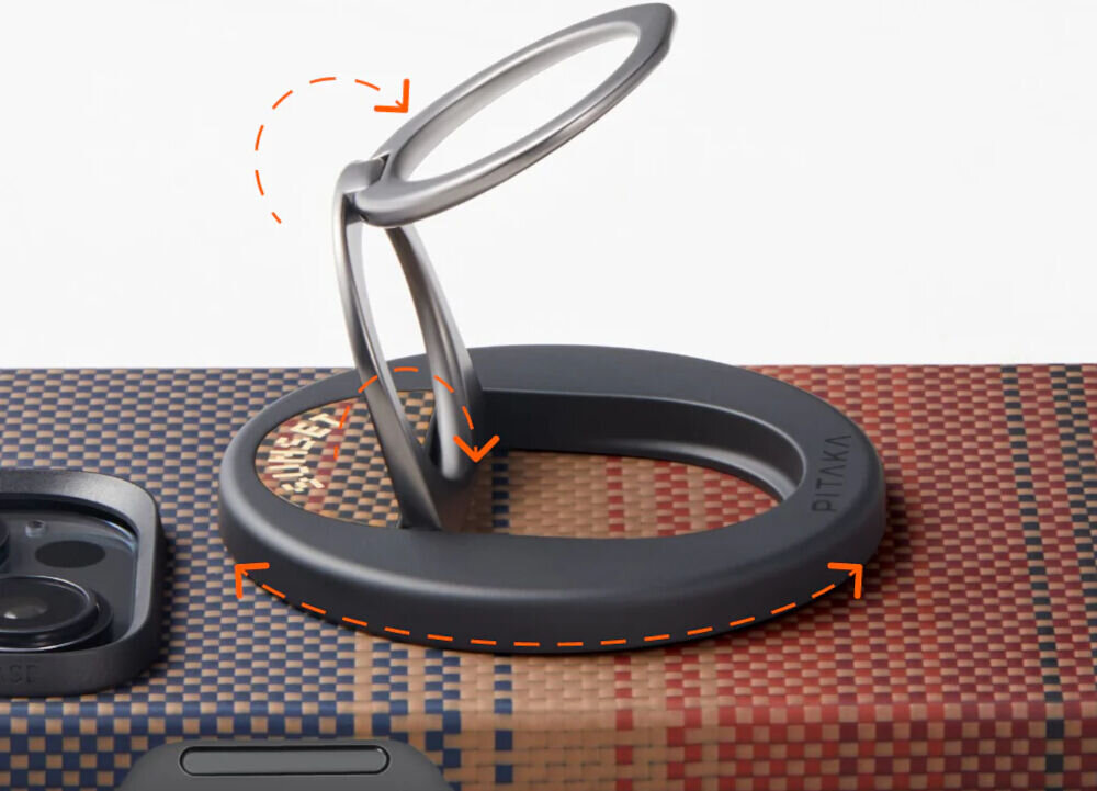 Uchwyt i podstawka PITAKA MagEZ Grip 3 MagSafe Czarno-brązowy prezentacja uchwytu i pokazanie jego możliwości ustawienia Uchwyt MagSafe pełniący funkcję podstawki – orientacja pionowa i pozioma stabilna konstrukcja ergonomiczny chwyt capture button