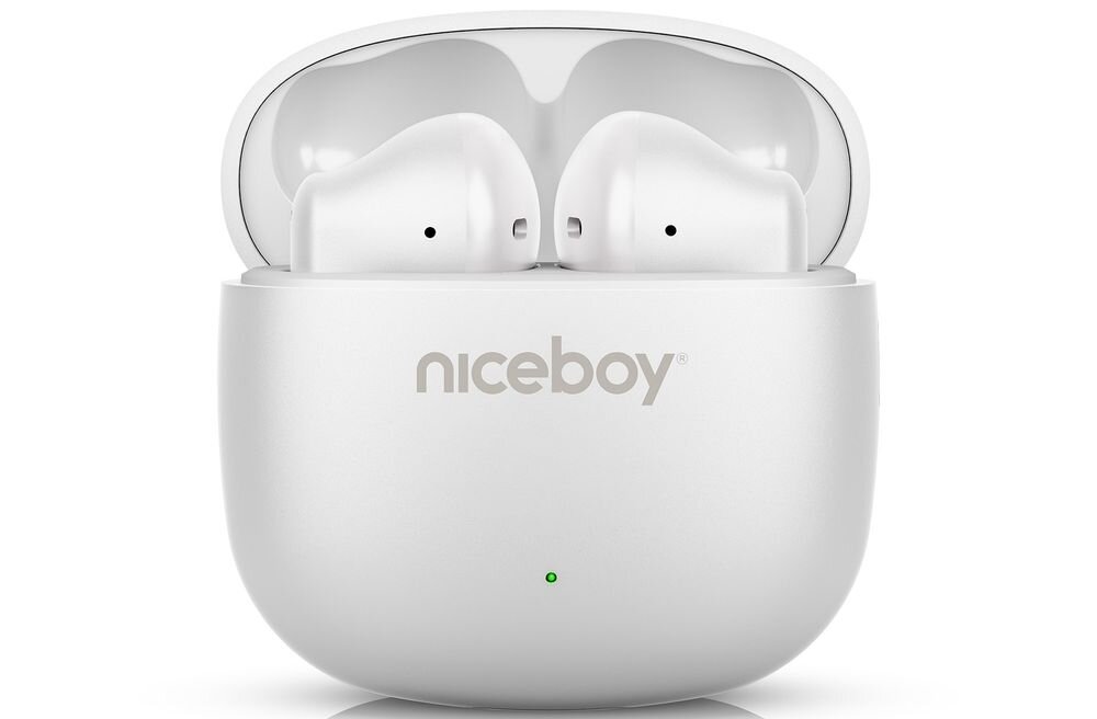 Słuchawki douszne NICEBOY Beans 4 Pop sterowanie dotykowe asystent głosowy, słuchawki z etui ładującym na białym tle