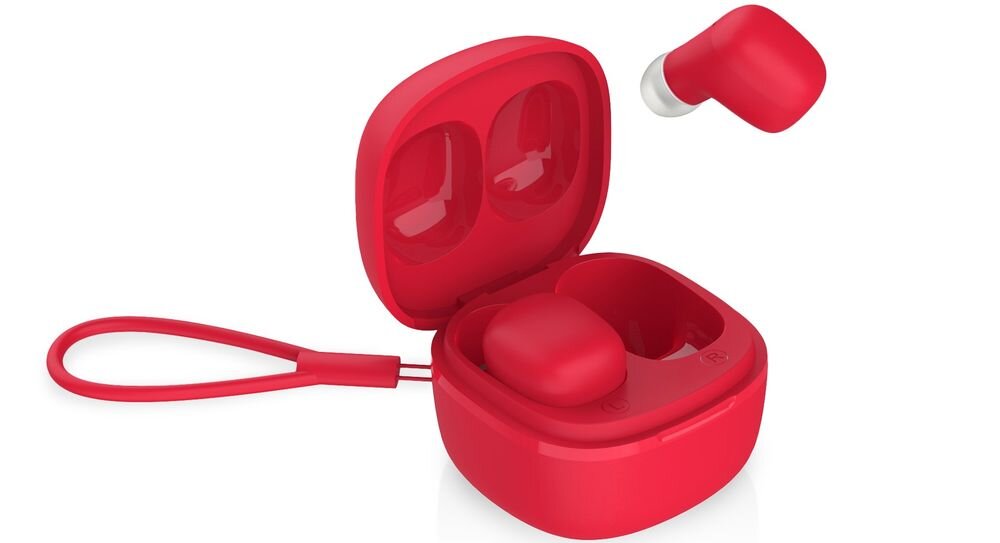 Słuchawki dokanałowe NICEBOY Hive Smarties Bluetooth 5.3 zasięg 10 m, słuchawki z etui ładującym po skosie na białym tle