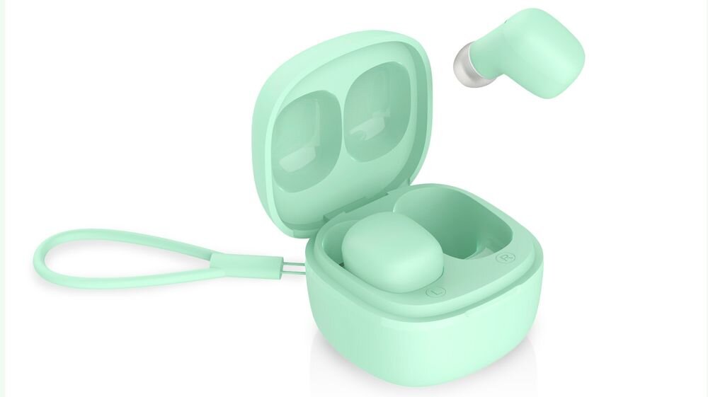 Słuchawki dokanałowe NICEBOY Hive Smarties mikrofon rozmowy głośnomówiące, słuchawki z etui ładującym po skosie na białym tle