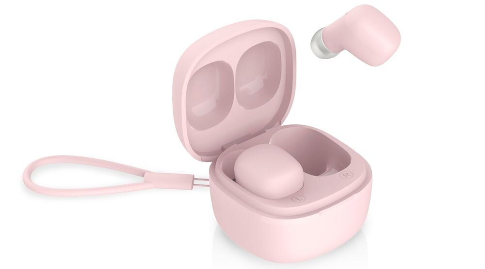 Słuchawki dokanałowe NICEBOY Hive Smarties ergonomiczna forma niska waga, słuchawki z etui ładującym po skosie na białym tle