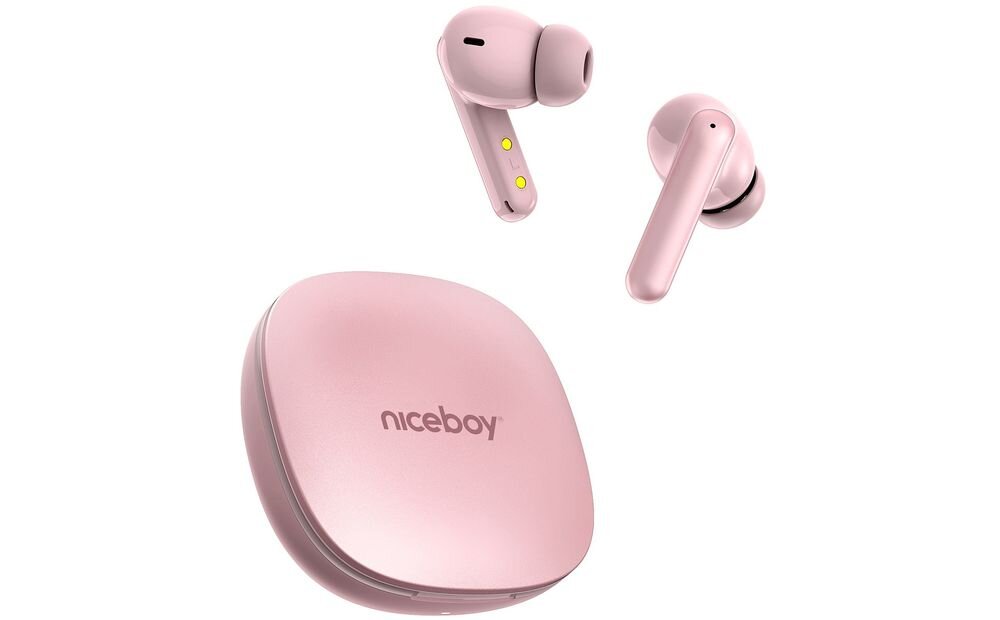 Słuchawki NICEBOY Pins 4 Pro ANC z dotykowym sterowaniem i obsługą Siri oraz Google Assistant, słuchawki wraz z etui ładującym na białym tle
