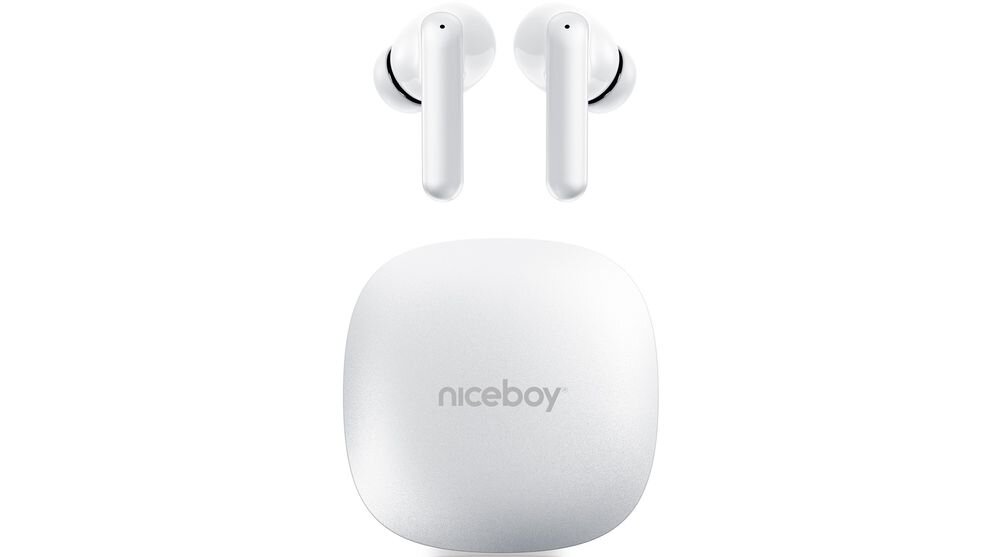 Słuchawki NICEBOY Pins 4 Pro ANC z bezprzewodową łącznością Bluetooth 5.4, słuchawki wraz z etui ładującym na białym tle