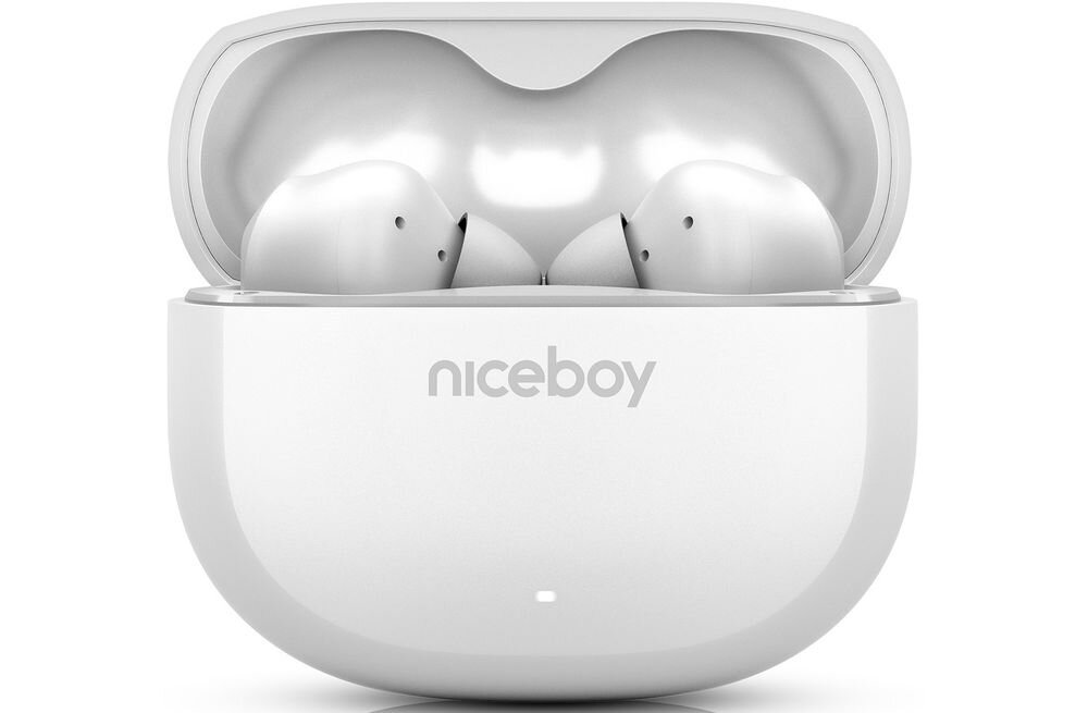 Słuchawki NICEBOY Pins 4 ANC z funkcją automatycznego parowania Bluetooth, słuchawki z etui ładującym na białym tle