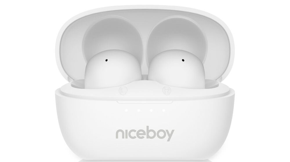 Słuchawki dokanałowe NICEBOY Podsie 4 POP 25 godzin odtwarzania, słuchawki z etui ładującym od frontu na białym tle