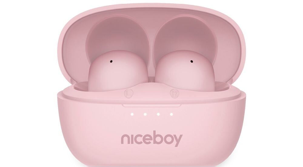 Słuchawki dokanałowe NICEBOY Podsie 4 POP sterowanie dotykowe funkcje, słuchawki z etui ładującym od frontu na białym tle