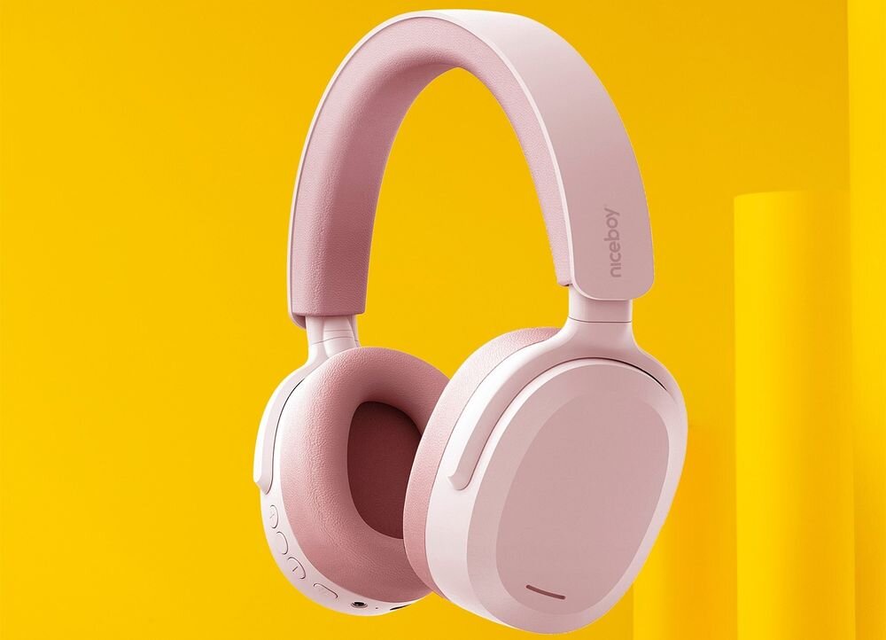 Słuchawki nauszne NICEBOY Sora Bluetooth 5.3 stabilne połączenie zasięg 10 m, słuchawki nauszne po skosie na żółtym tle