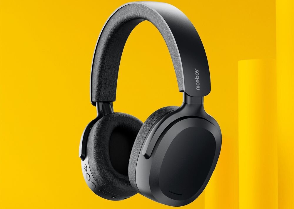 Słuchawki nauszne NICEBOY Sora przetworniki 40 mm pasmo 20-20000 Hz szczegółowy dźwięk, słuchawki nauszne po skosie na żółtym tle