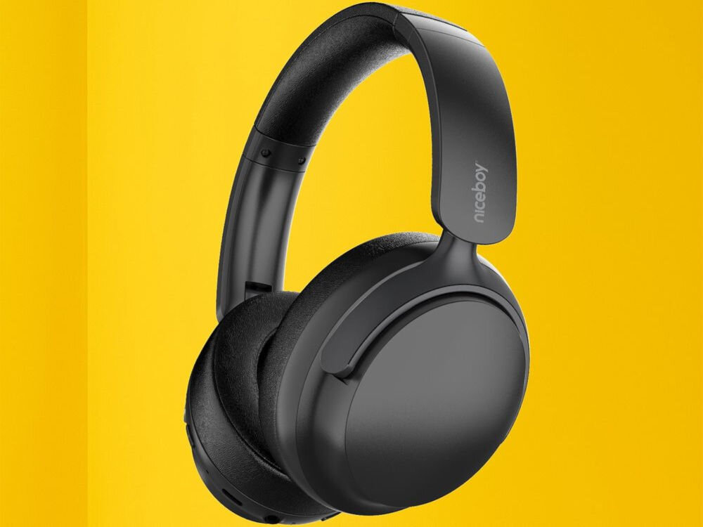 Słuchawki nauszne NICEBOY Stellar ANC aktywna redukcja szumów odcięcie od hałasu, słuchawki nauszne po skosie na żółtym tle
