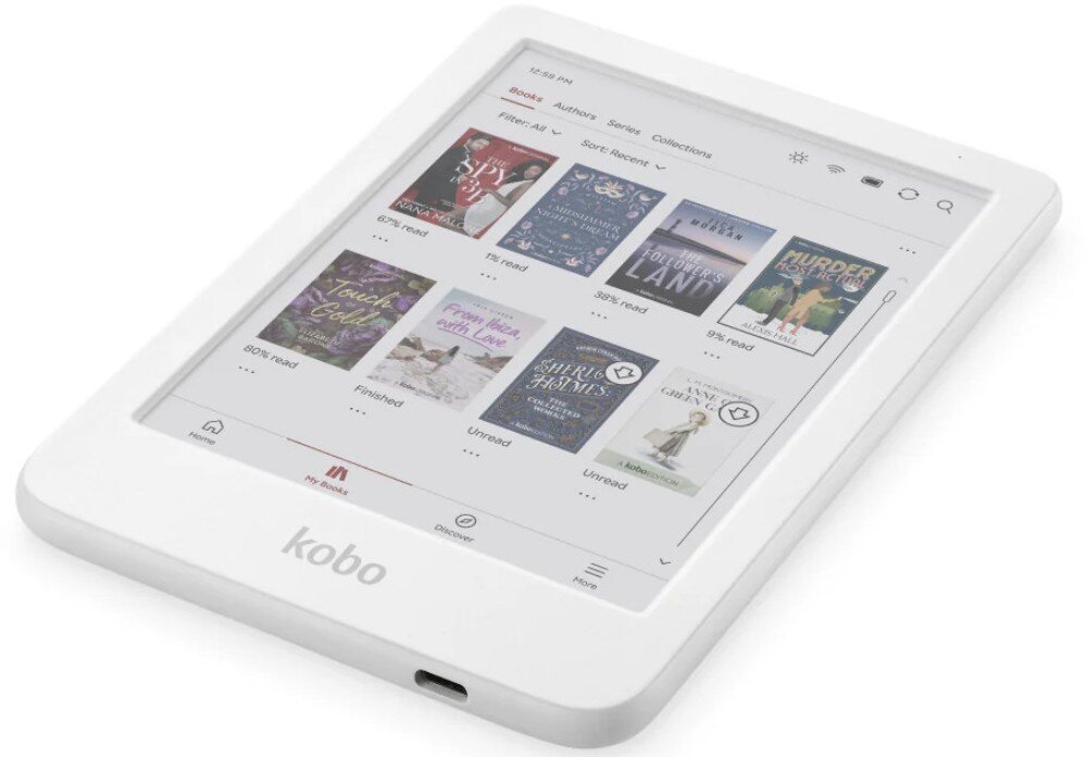 Czytnik e-booków KOBO Clara Colour Zbliżenie na biały czytnik e-booków leżący pod kątem, na ekranie wyświetlone są okładki książek z biblioteki, ekologia, środowisko