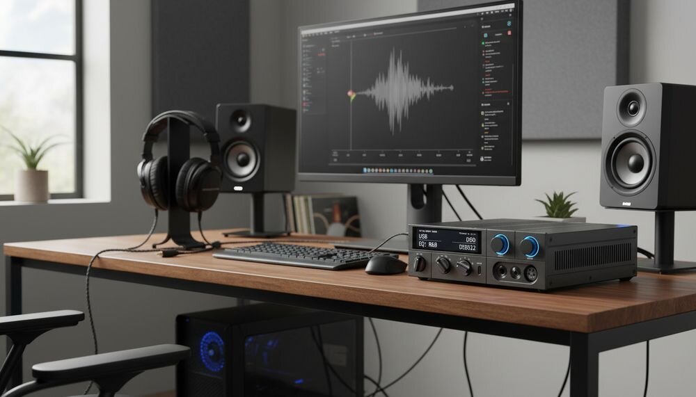 Przetwornik C/A FIIO K15 z podwójnym DAC AKM AK4497S i technologią VELVET SOUND, urządzenie na stole w pomieszczeniu