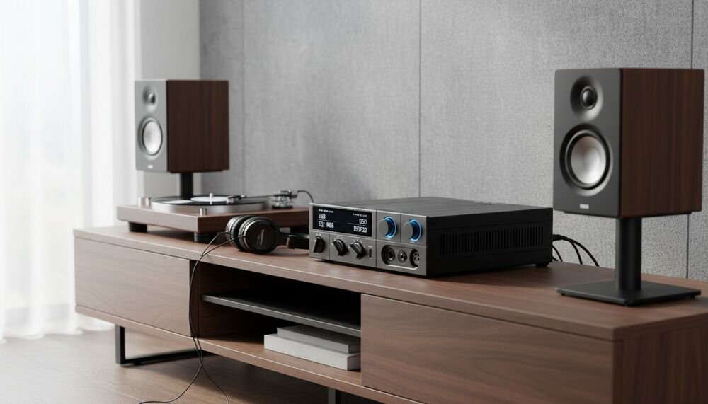 Przetwornik C/A FIIO K15 z wbudowanym zasilaczem 30 W 12 V 2,5 A i obsługą zewnętrznego zasilania DC, urządzenie na komodzie w pomieszczeniu
