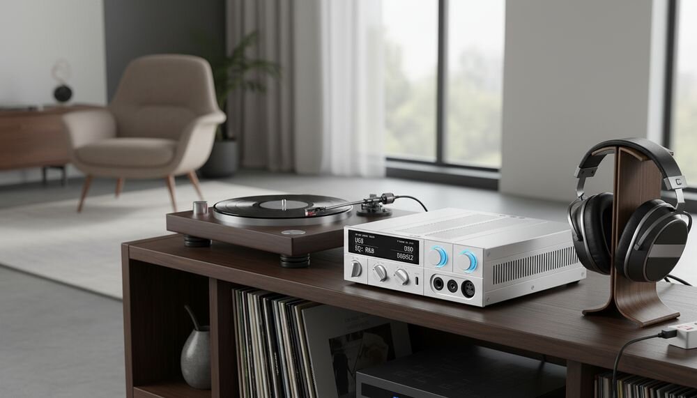 Przetwornik C/A FIIO K15 z podwójnym DAC AKM AK4497S i technologią VELVET SOUND, urządzenie na stole w pomieszczeniu