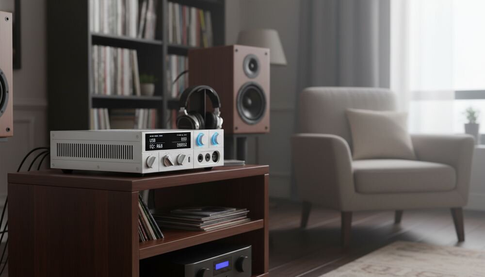 Przetwornik C/A FIIO K15 z wbudowanym zasilaczem 30 W 12 V 2,5 A i obsługą zewnętrznego zasilania DC, urządzenie na komodzie w pomieszczeniu